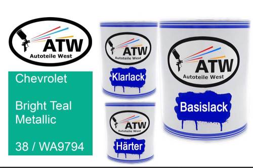 Chevrolet, Bright Teal Metallic, 38 / WA9794: 1L Lackdose + 1L Klarlack + 500ml Härter - Set, von ATW Autoteile West.